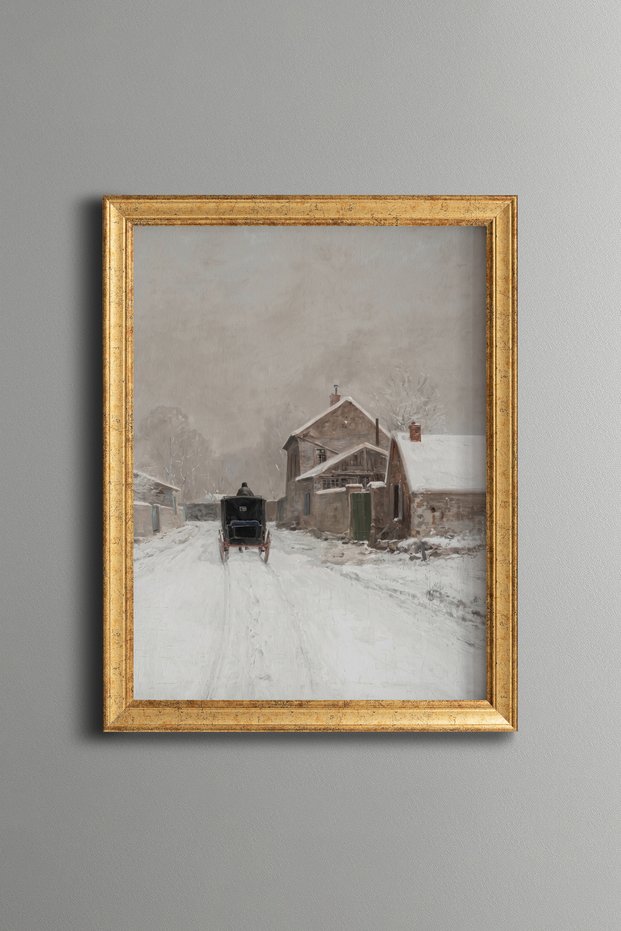 Horse Carriage on Snowy Village Road - Vintage Patterned Painting - Fine Model