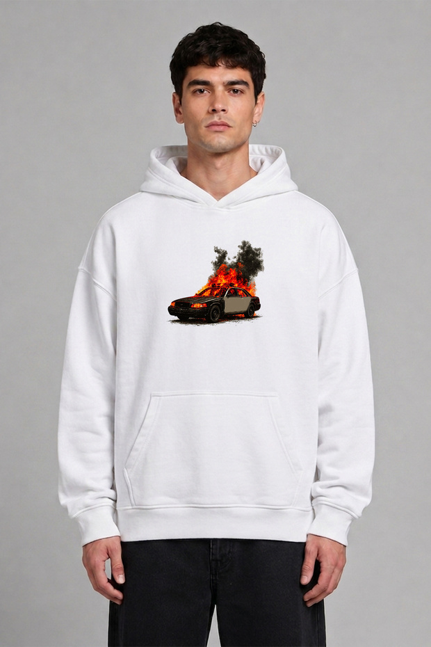Burning Car Design Front Printed Oversize White Hooded Sweatshirt