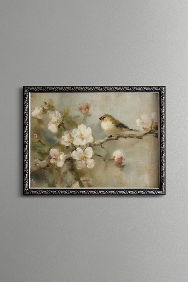 Bird on a White Flower Branch - Vintage Patterned Painting - Fine Model