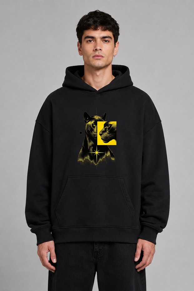 Panter Yellow Design Front Printed Oversize Black Hooded Sweatshirt