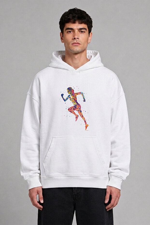 Runner 1 Design Pre-Printed Oversize White Hooded Sweatshirt