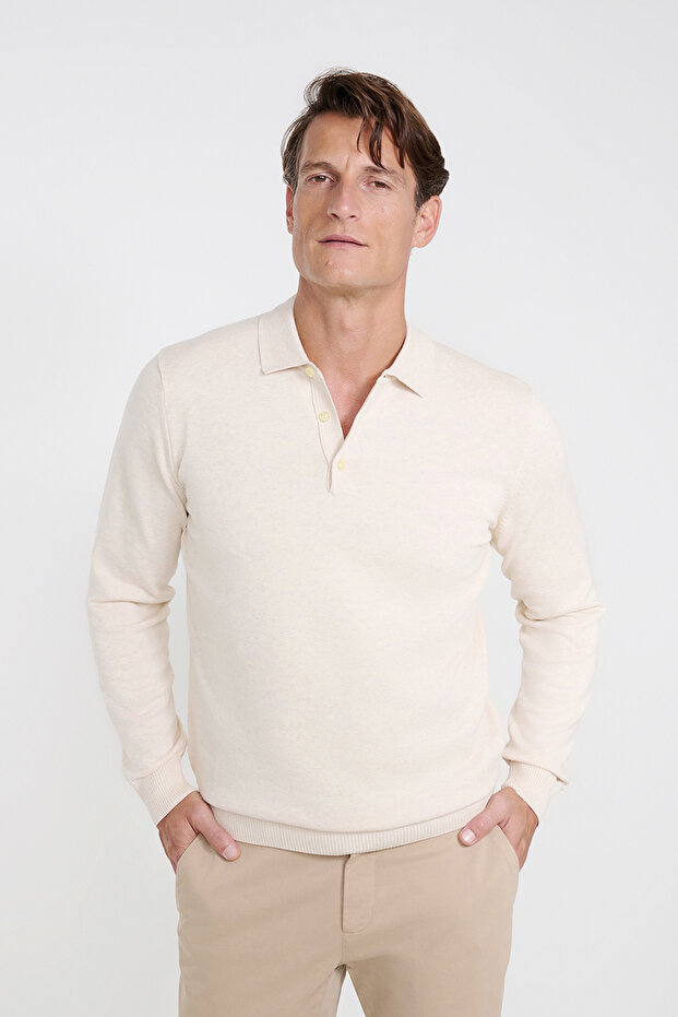 Men's Beige Cotton Standard Fit Regular Cut Polo Collar Knitwear Sweater