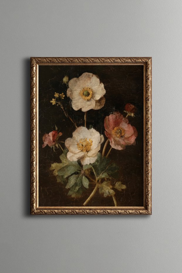 White and Pink Wild Roses on a Dark Background - Vintage Patterned Painting - Fine Model