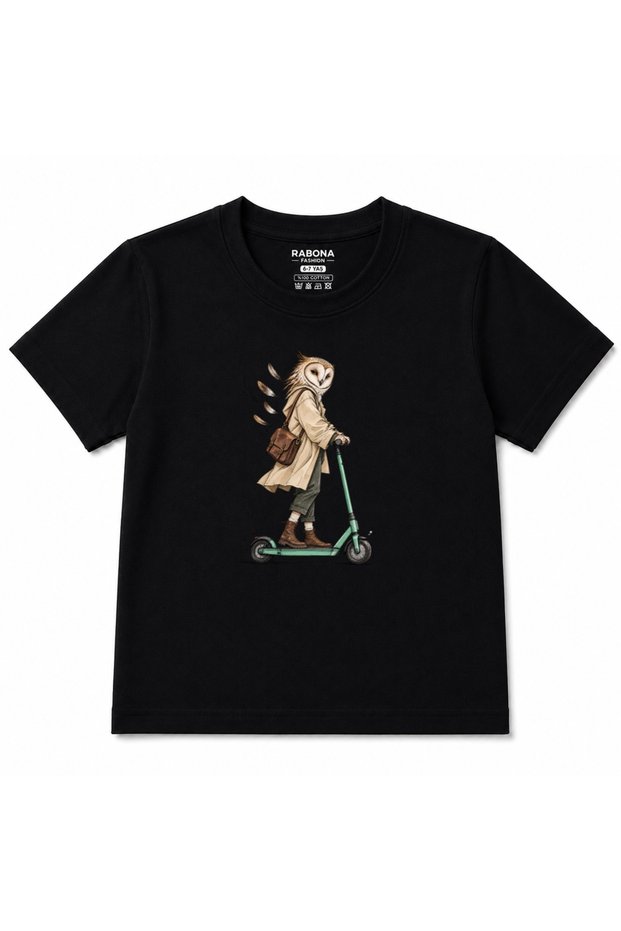 Midnight Courier Owl & Scooter Graphic Kids T-Shirt