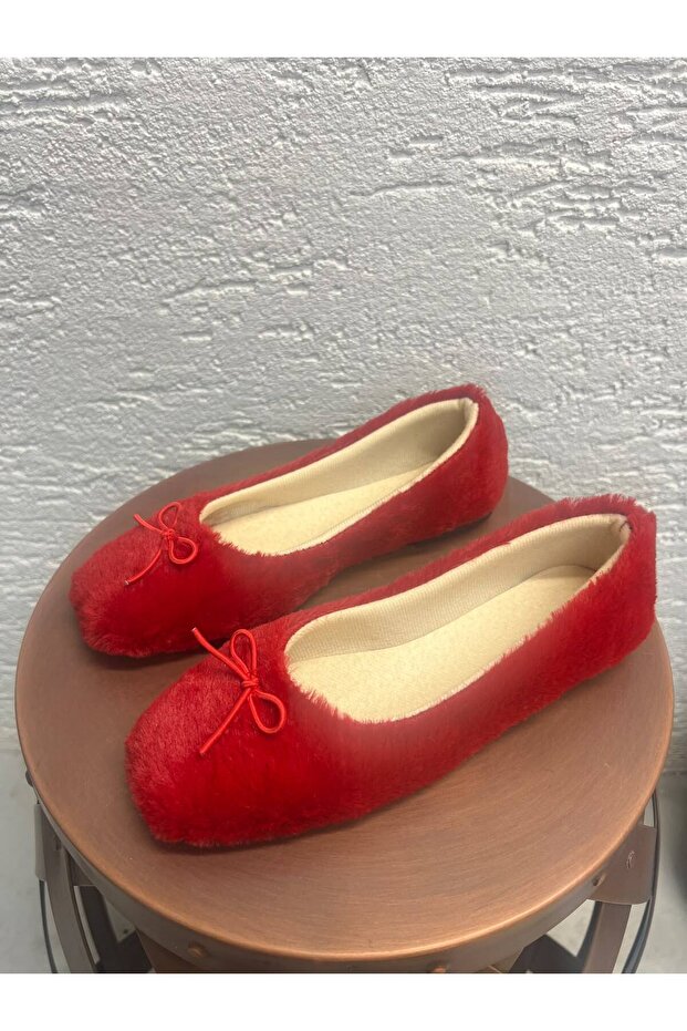 Women's Red Rabbit Feather Bowknot Casual Ballerinas 1 cm Byndtav01