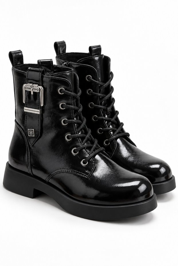 Gleam Metal Buckle Lace-Up and Zipper Casual Women's Boots