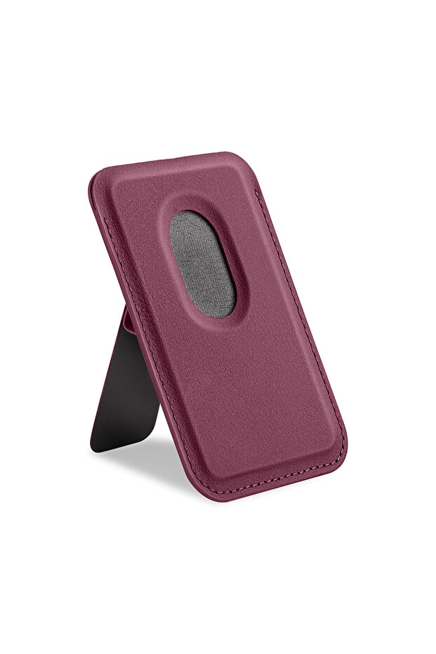 iPhone 12 13 14 15 16 17 18 Plus Pro Max Compatible High-Quality Phone Back Card Holder Foldable Strong Magnetic Grip Stand Leather Magsafe Wallet - Burgonya Wallet