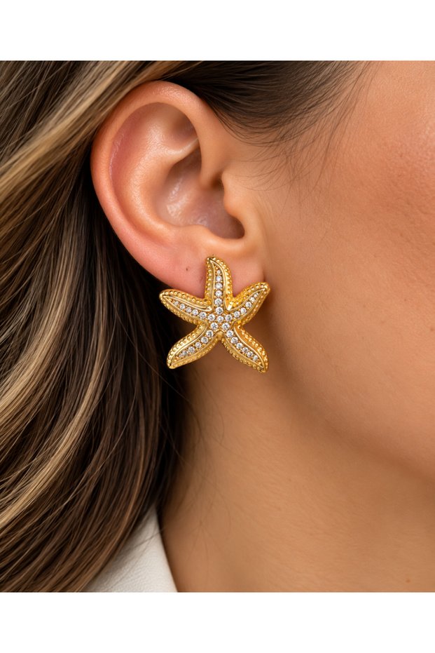 Gold Color Stone Sea Star Steel Earrings Acr9716