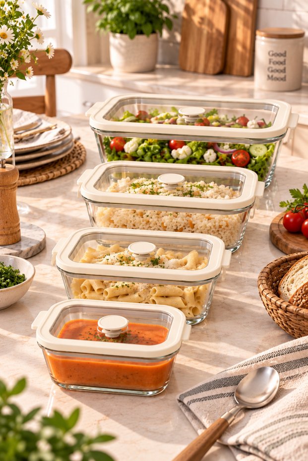 Set of 4 Glass Storage Containers, Cream Color, Leak-Proof Lids, Air Release Valves, 2620 ml + 1380 ml + 800 ml + 470 ml