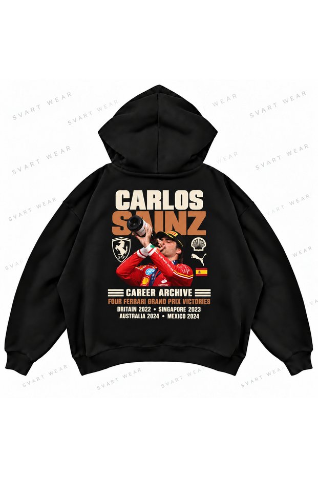 Carlos Sainz F1 Printed Black Oversize Boxy Hoodie Sweatshirt