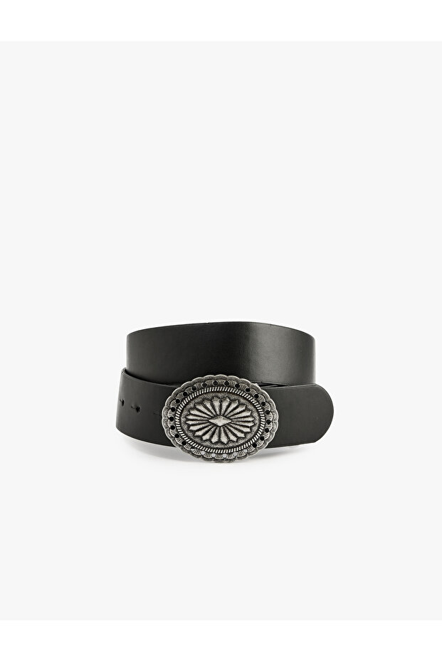 Faux Leather Oval Ethnic Buckle Detailed Belt