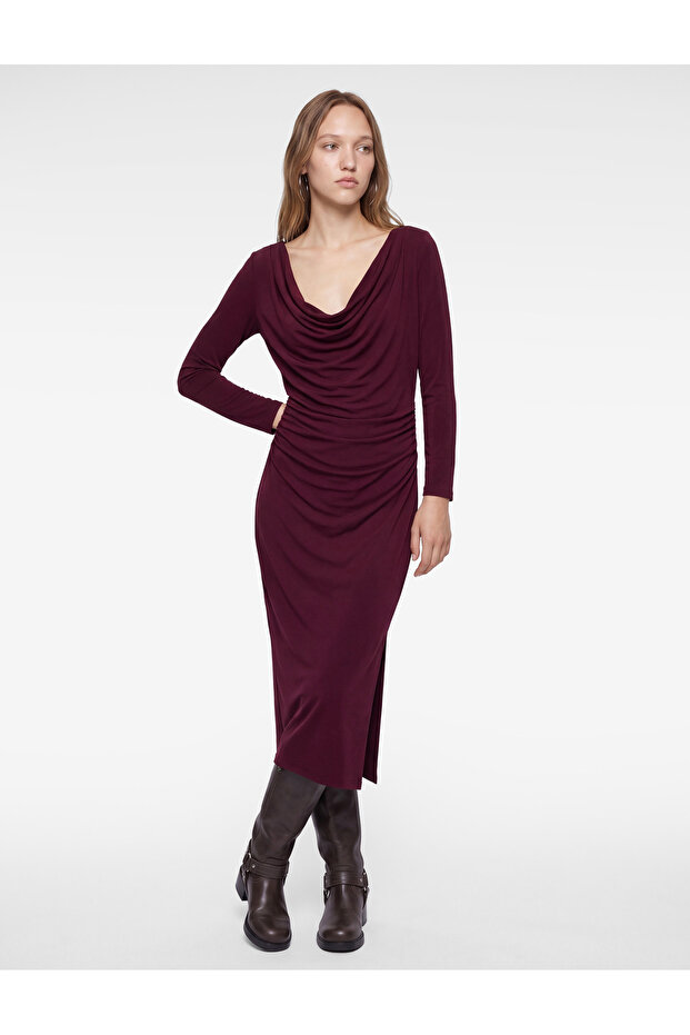 Drapeli Slim Fit Notched Collar Long Sleeve Midi Dress