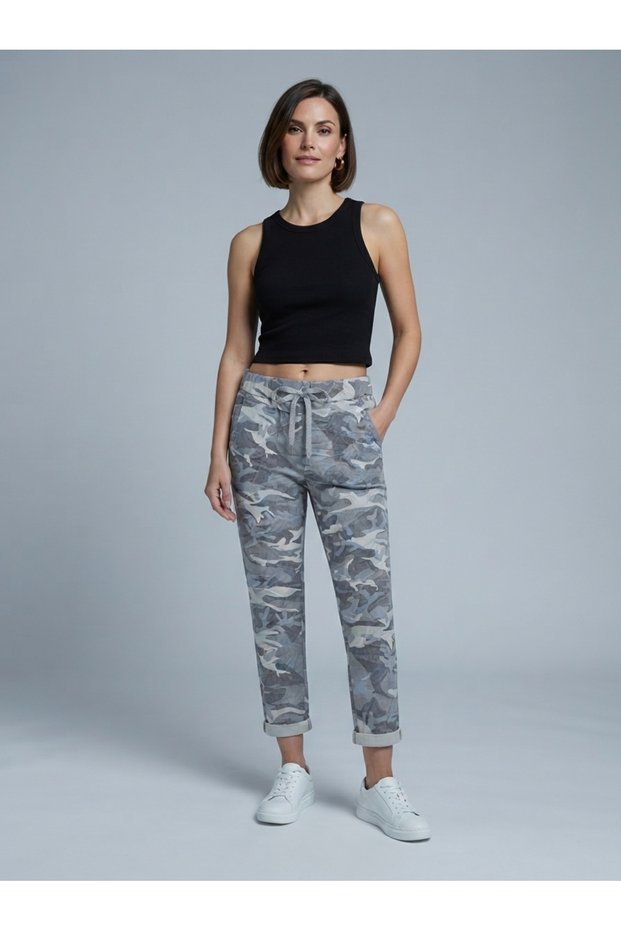 Italian Model Elastic Waist Double Gray Camouflage Trousers