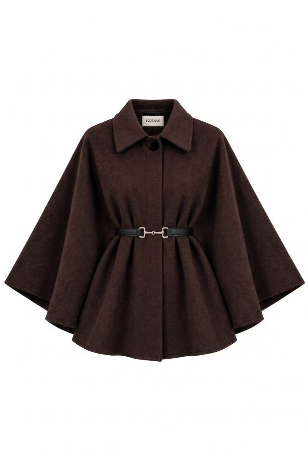 Women's Poncho Cape with Belt and Textured Stitching