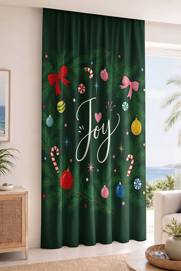 Joy Written Christmas Patterned Digital Printed Single Wing Background Curtain (with Pillowcase as a Gift)
