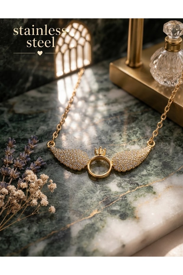 Gold Color Chain Solitaire Wing Motif Steel Necklace