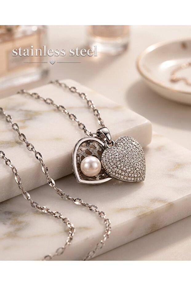 Silver Color Chain Pearl Stone Heart Motif Steel Necklace
