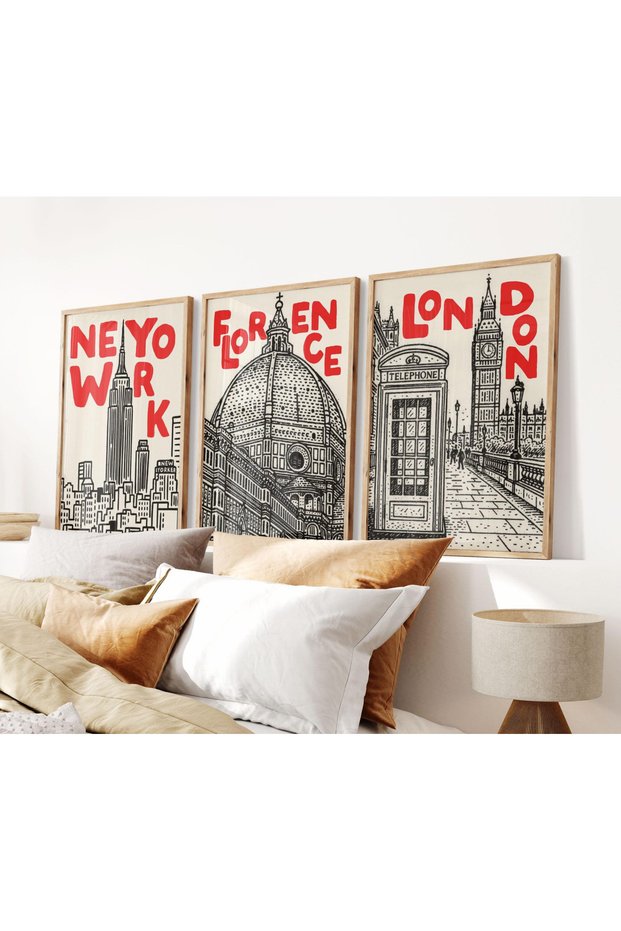 Wooden Framed 3-Piece Painting London New York Qmrc