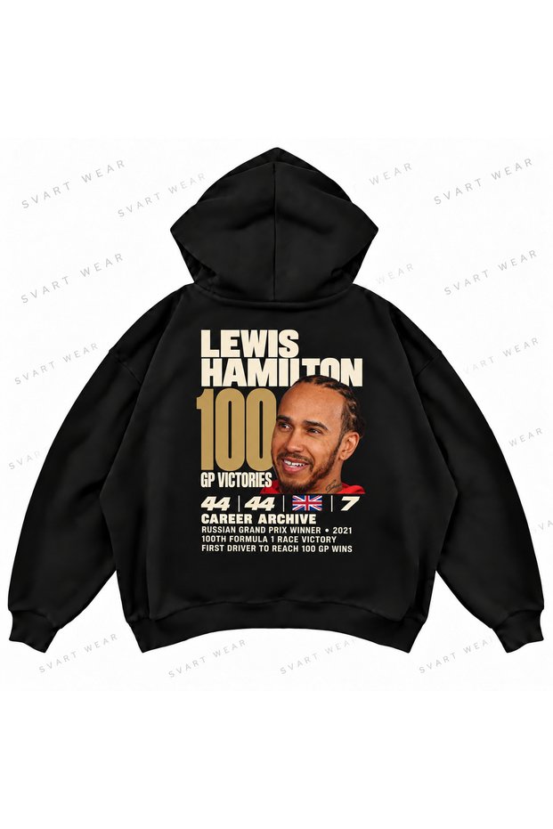 Lewis Hamilton F1 Printed Black Oversize Boxy Hoodie Sweatshirt