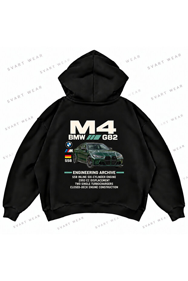 Bmw M4 G82 Printed Black Oversize Boxy Hoodie Sweatshirt