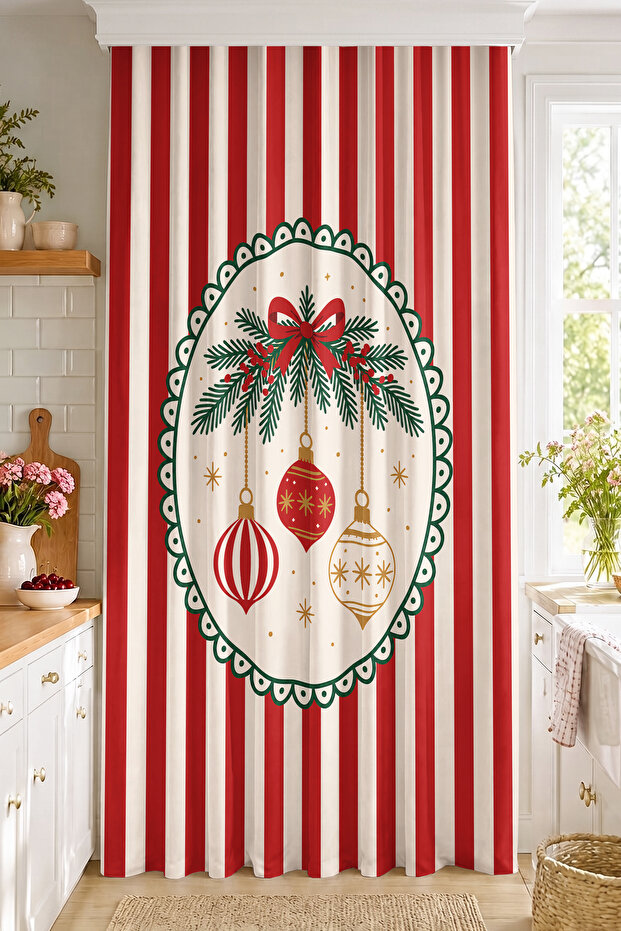 Red and White Christmas Wreath and Ornaments Patterned Digital Printed Single Panel Background Curtain (Throw Pillow Cover)