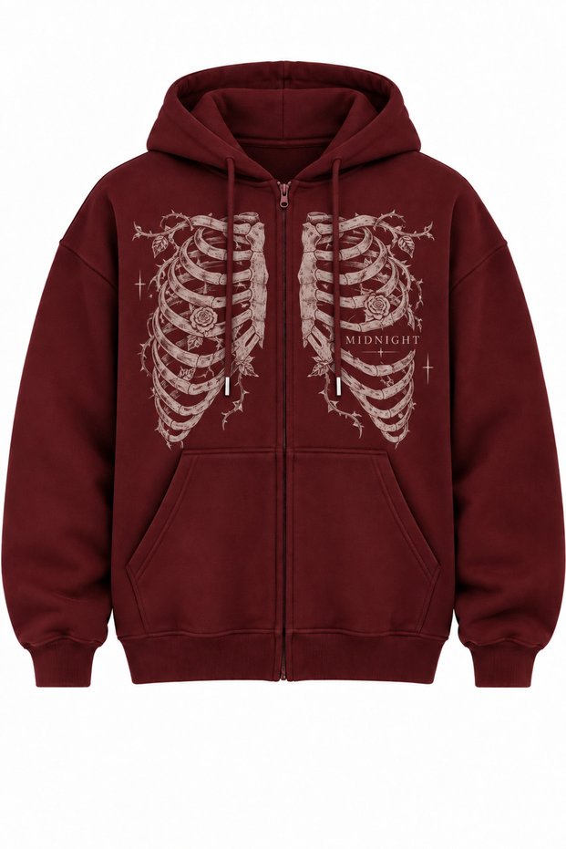 Unisex Burgundy Midnight Printed Daily Use 3 Thread Combed Cotton Hooded Cardigan with Kangaroo Pocket and Zipper