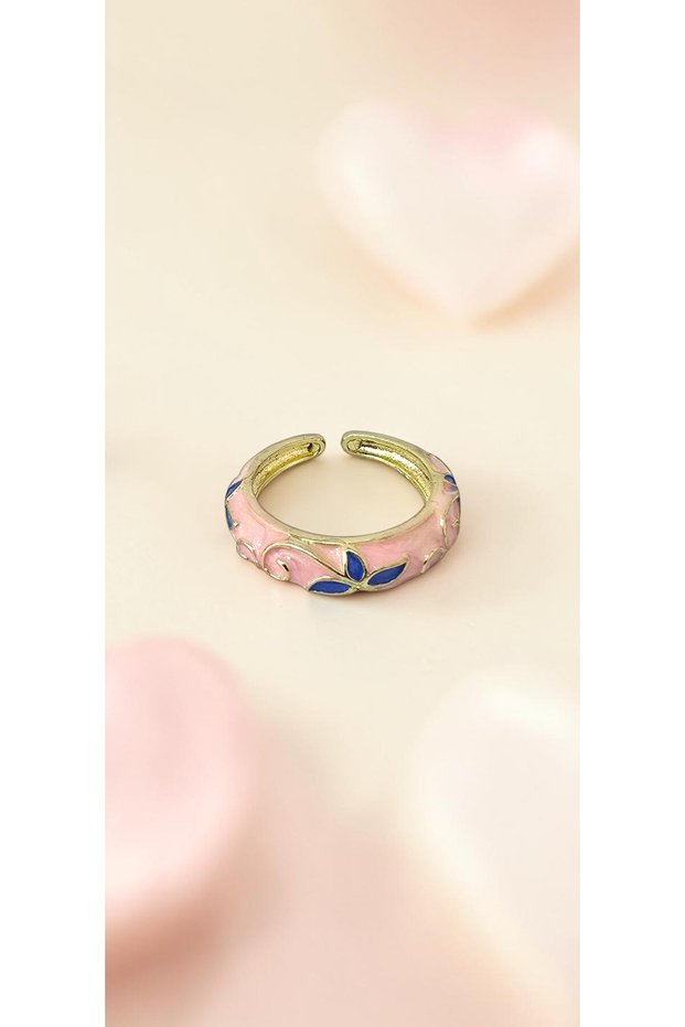Blue and Pink Flower Motif Enamel Adjustable Steel Ring - Tarnish Resistant