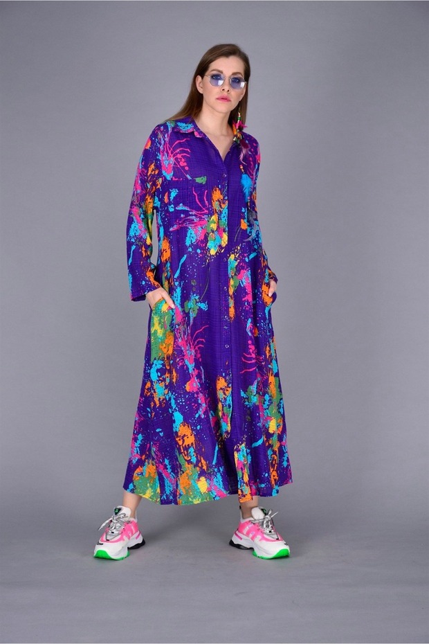 Authentic Purple Loose Cut Brush Pattern Casual Dress