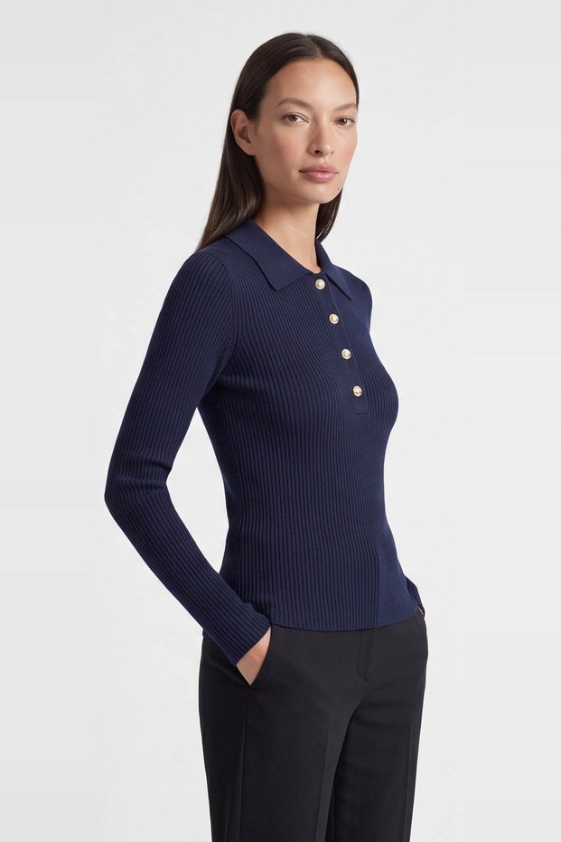 Polo Collar Navy Blue Women's Blouse 26K0149K1