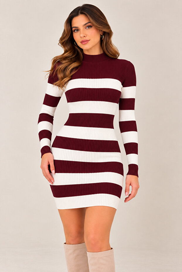Women's Black and White Striped Ribbed Knit Mini Dress – Long Sleeve High Neck