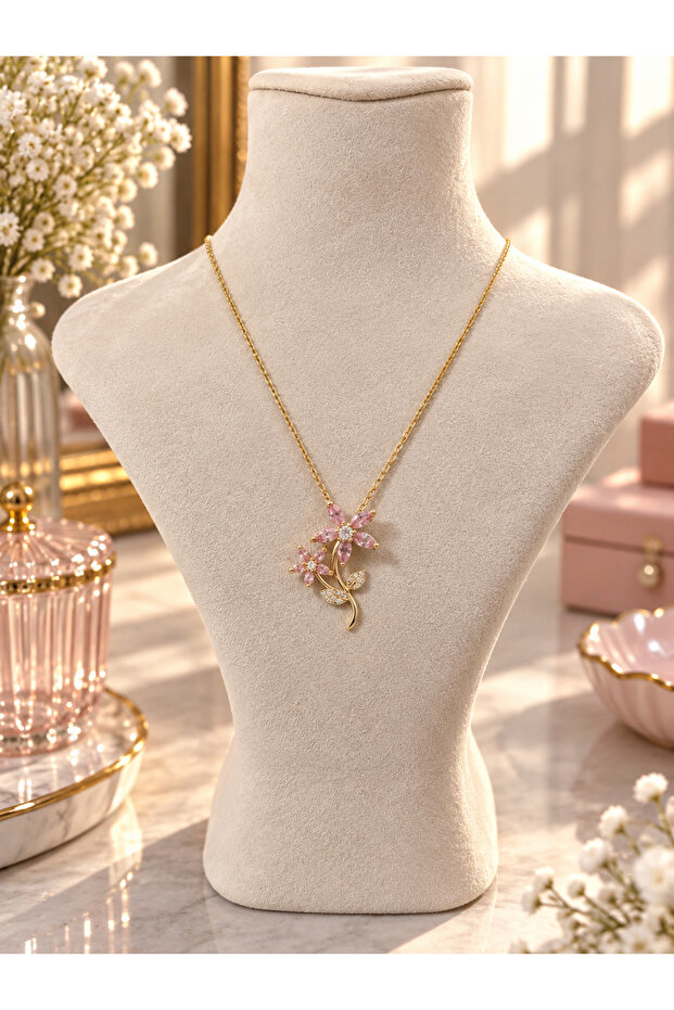 Pink Stone Flower Necklace – Sparkling Necklace with Elegant Flower Design