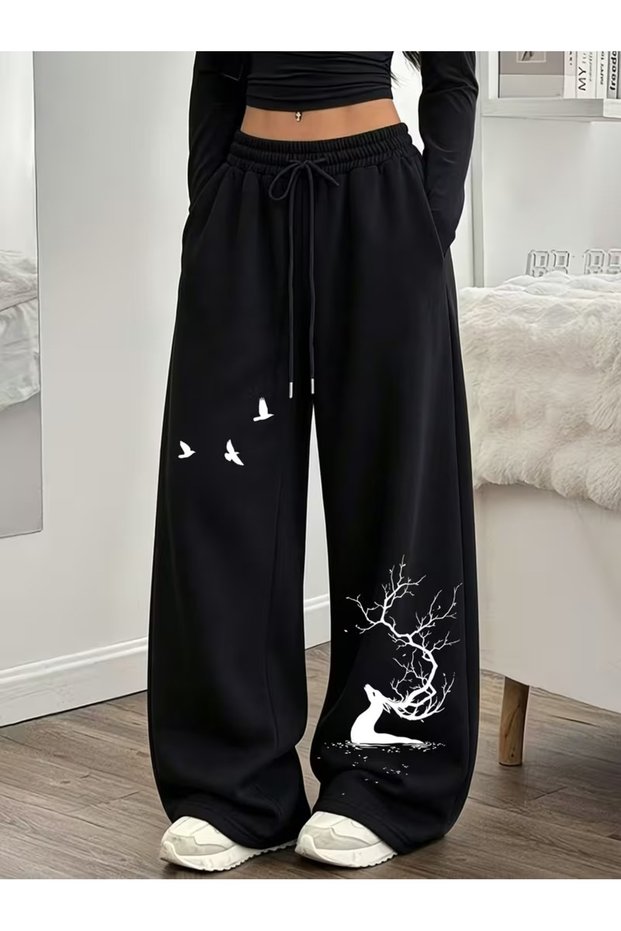 Unisex Oversize Wide Leg Printed Black Sweatpants – Relaxed Fit Casual Streetwear Trousers