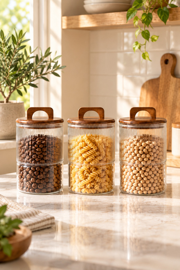 Acacia Lid Borosilicate Glass Storage Jar 1200 ml Set of 3 – Striped Transparent Glass
