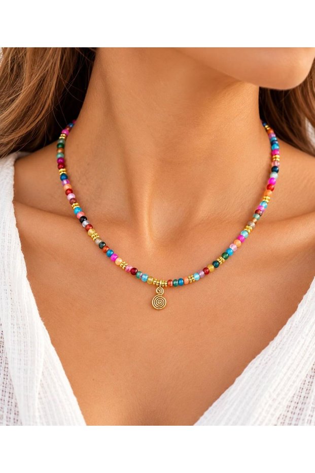 Colorful agate stone spiral pattern necklace