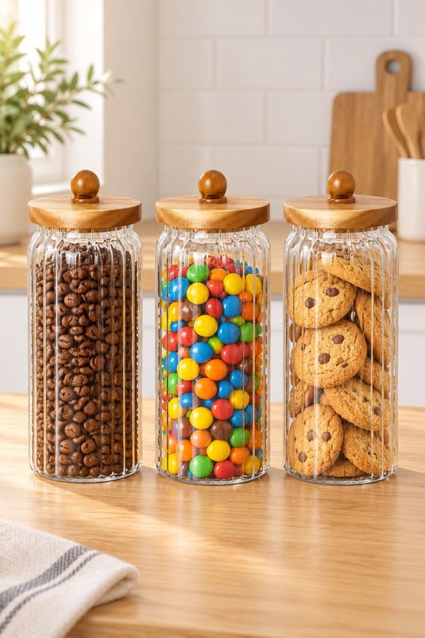 Acacia Lid Striped Glass Jar Set of 3 Large Size – Borosilicate Storage Jar