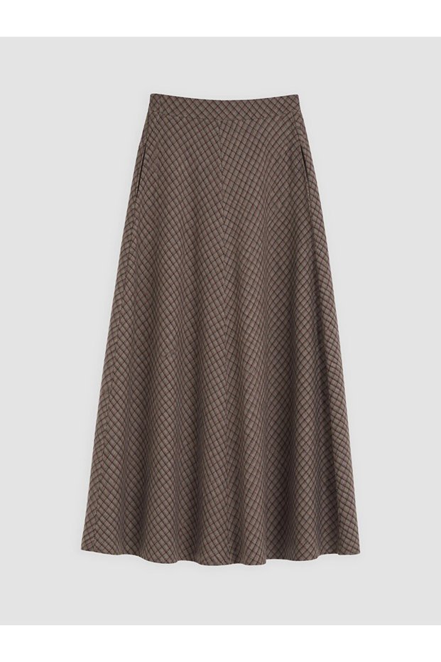 Beige Zippered Plaid A-Line Skirt
