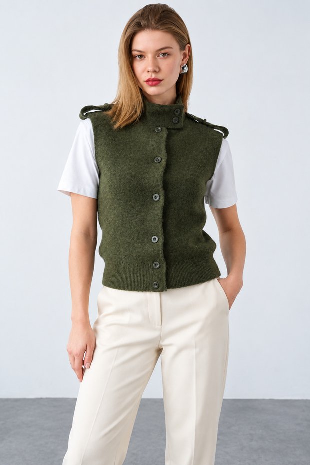 Women's Khaki Sleeveless High-Neck Button Detailed Wool Knit Vest