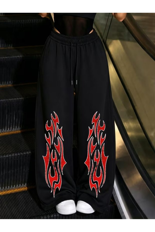 Unisex Oversize Wide Leg Printed Black Sweatpants – Relaxed Fit Casual Streetwear Trousers