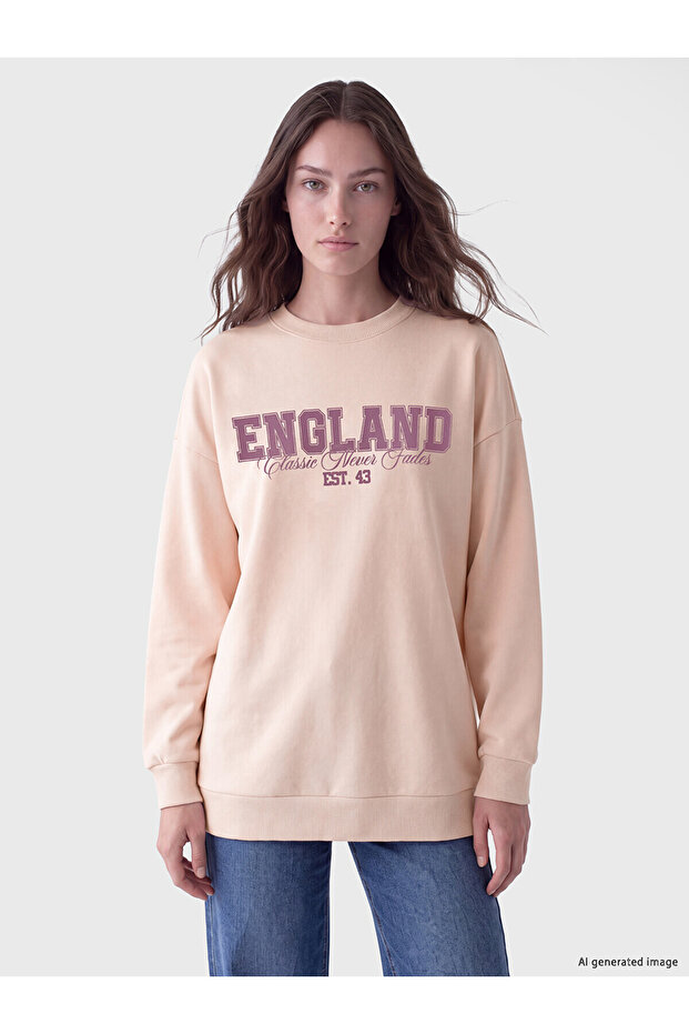 Two Mt Shop Quality Lcw Modest Pink 3 Thread Raster Printed Loose & Baggy Women's Sweatshirt Tunic