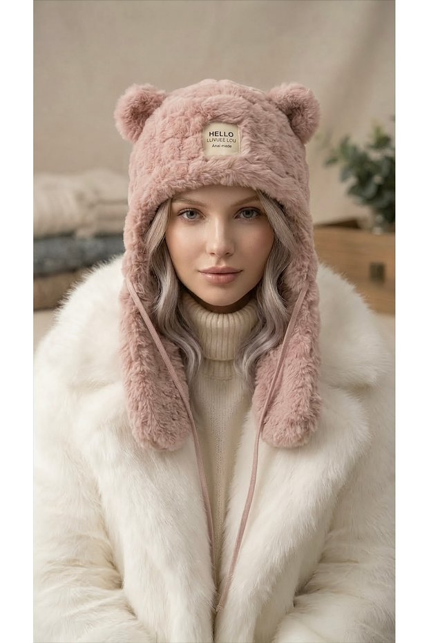 Korean Style Teddy Bear Ear Plush Hat Lace-Up Neck Collar Beanie Thick Winter Women's Hat