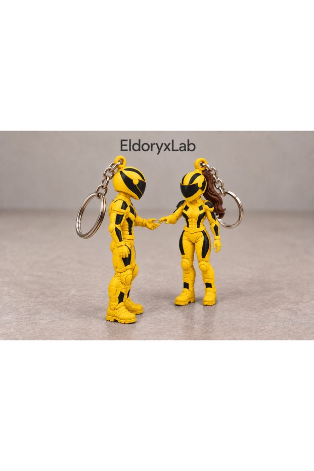 Couples' Special Biker Figure Keychain Set with Helmets - Brown-Haired Female and Male 2-Piece 3D Printing
