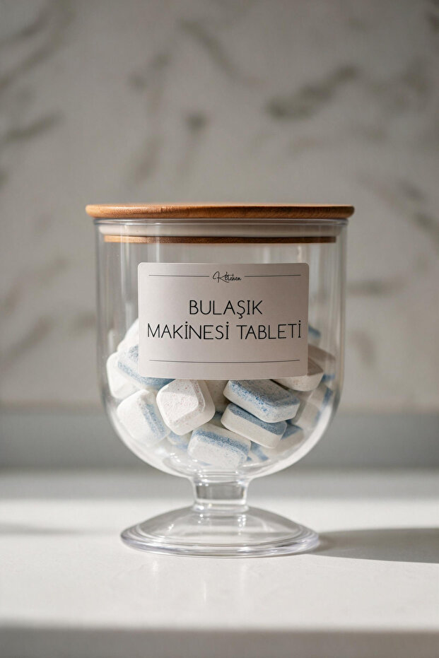 Dishwasher Tablet Storage Container 1500 ml – Transparent Hard Plastic Tablet Jar with Wooden Lid and Wooden Lid 18X14 cm