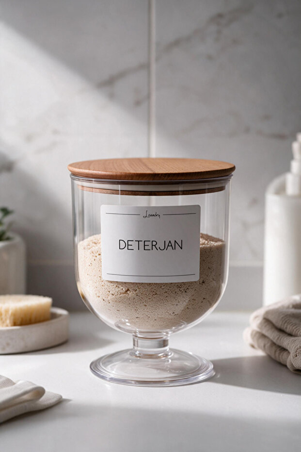 Detergent Storage Jar with Wooden Lid 1500 ml – Transparent Hard Plastic Stand for Powder Detergent Box 18X14 cm