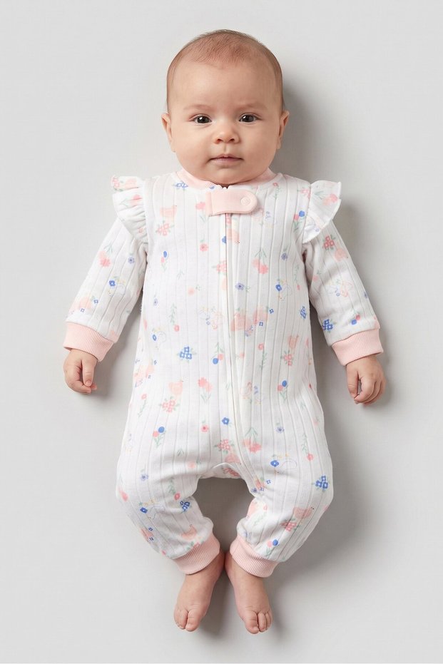Toddlers Girl Allover Print Romper With Plush Toy, White