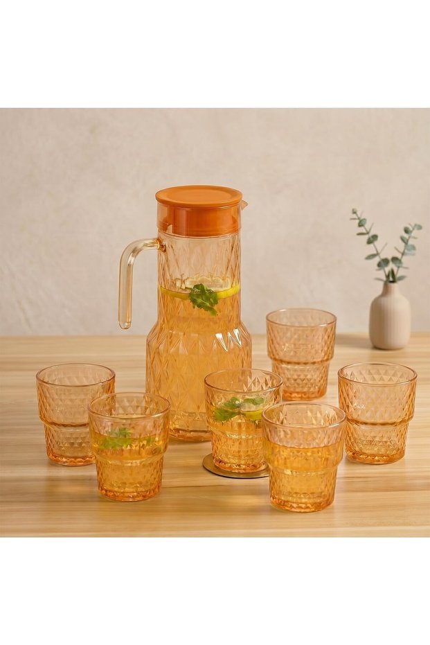 Diamond Cut Glass Jug Set with Lid Set of 7 and Orange Jug Set Combo,(6 Pieces Glasses 240ML and 1 Water Juice Jug 1.4 Liter) Glass and Jug Set