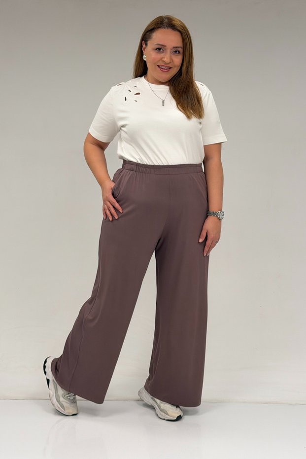 39000 Plus Size High Waist Elasticated Wide Leg Combed Cotton Trousers - Mink