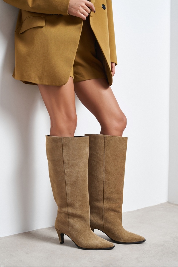 Kontes Rome Beige Suede Leather Pointed Toe Cone Heel Wide Toe Women's Boots