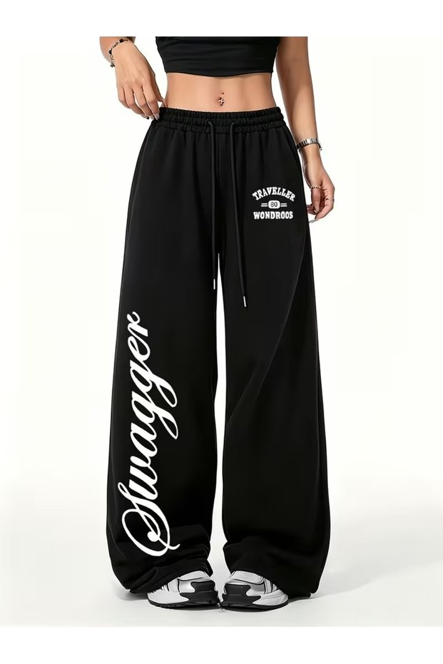 Unisex Oversize Wide Leg Printed Black Sweatpants