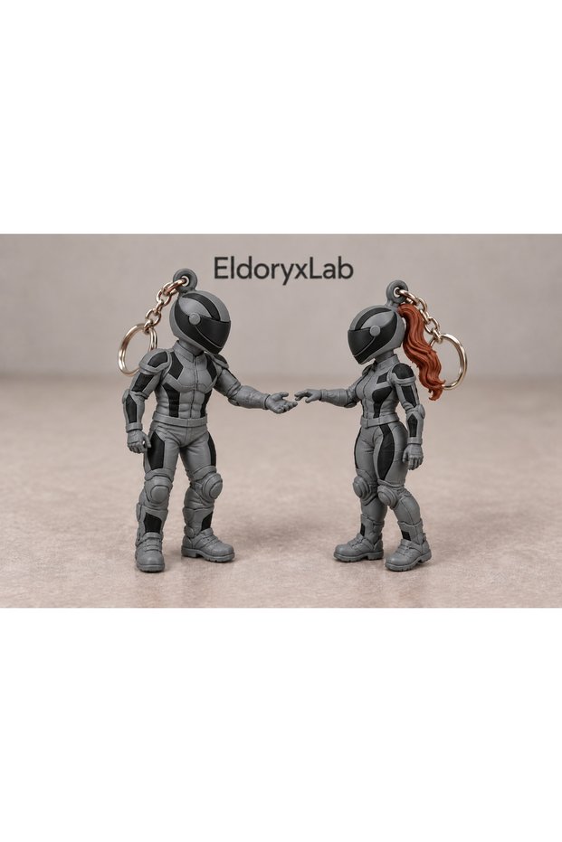 Couples' Special Biker Figure Keychain Set with Helmets - Brown-Haired Female and Male 2-Piece 3D Printing