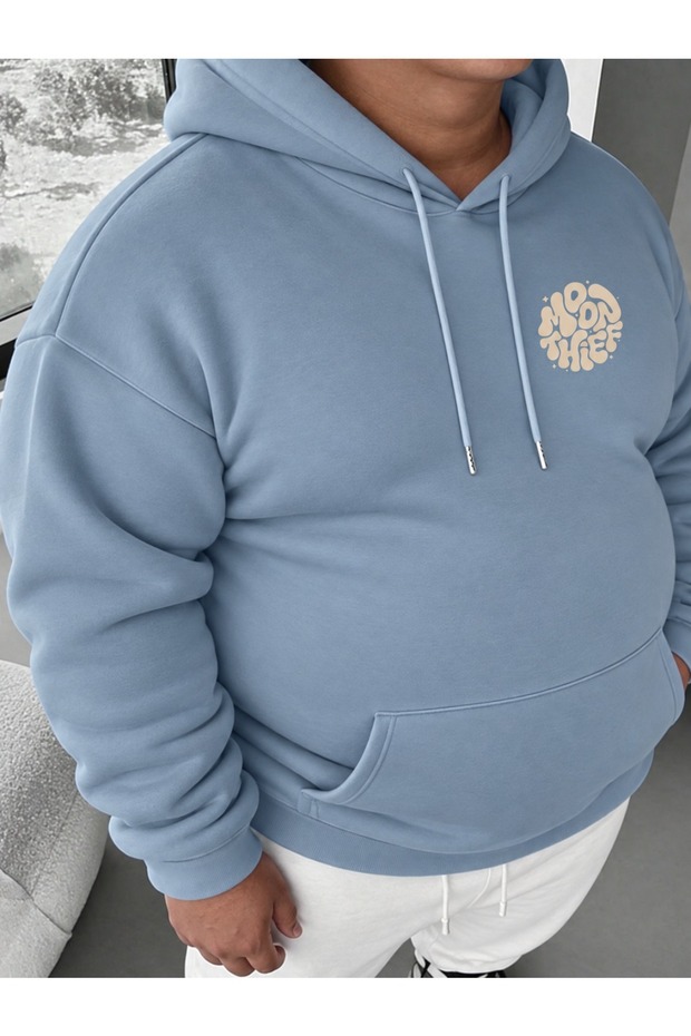 Men's Blue Hooded Sweatshirt Oversize 3 Thread Raster Printed Hoodie
